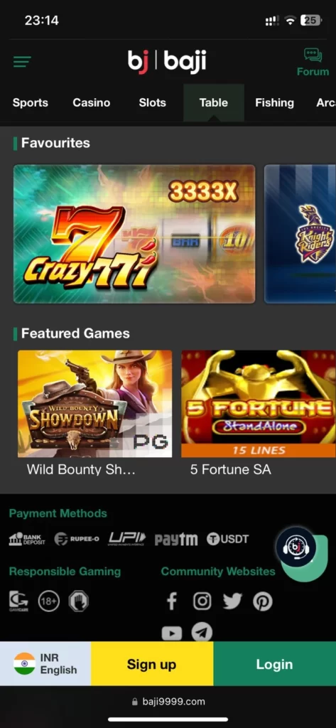 Baji Live iOS application casino page